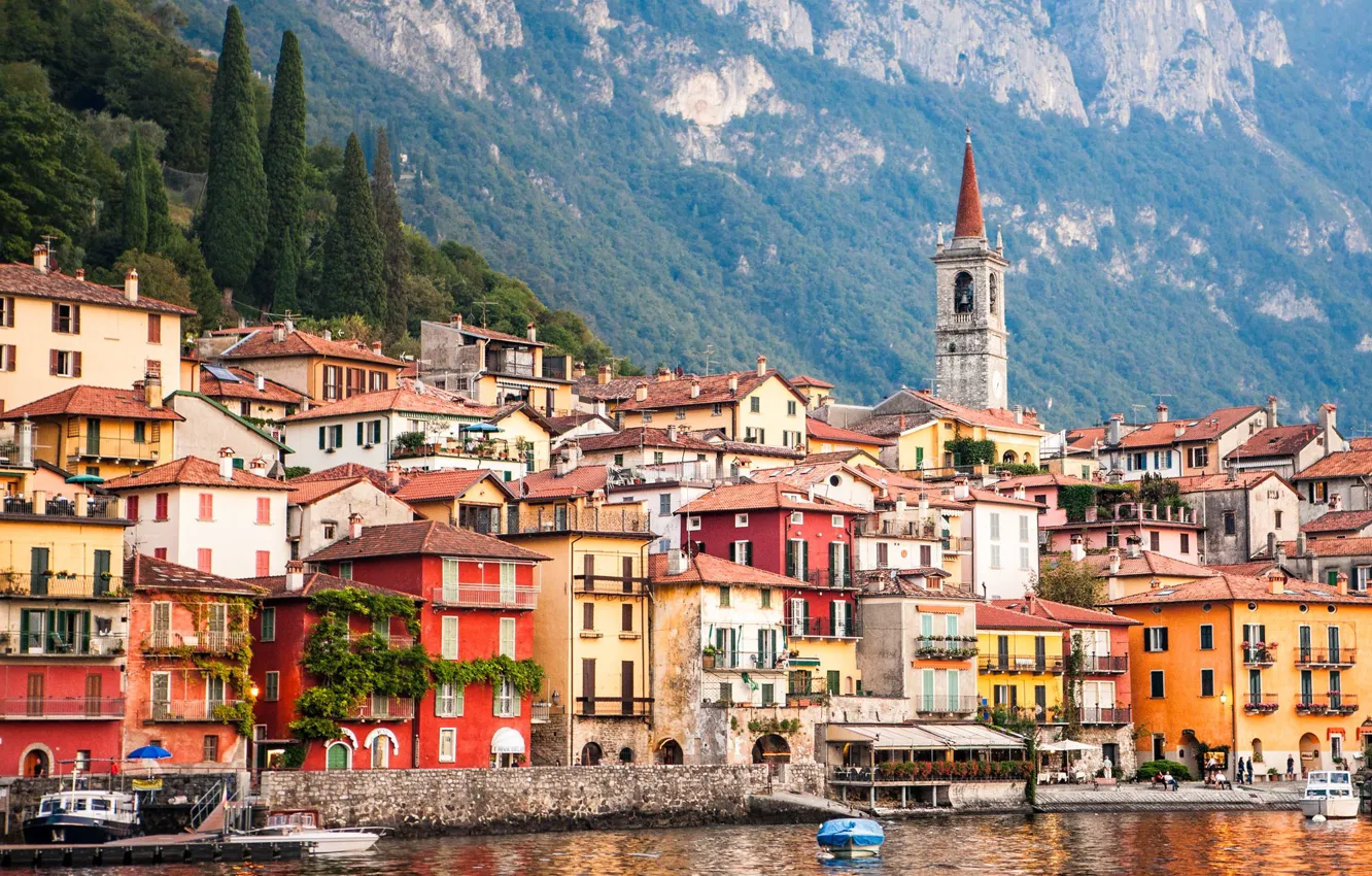 Photo wallpaper mountains, lake, home, Lombardy, Como, Varenna