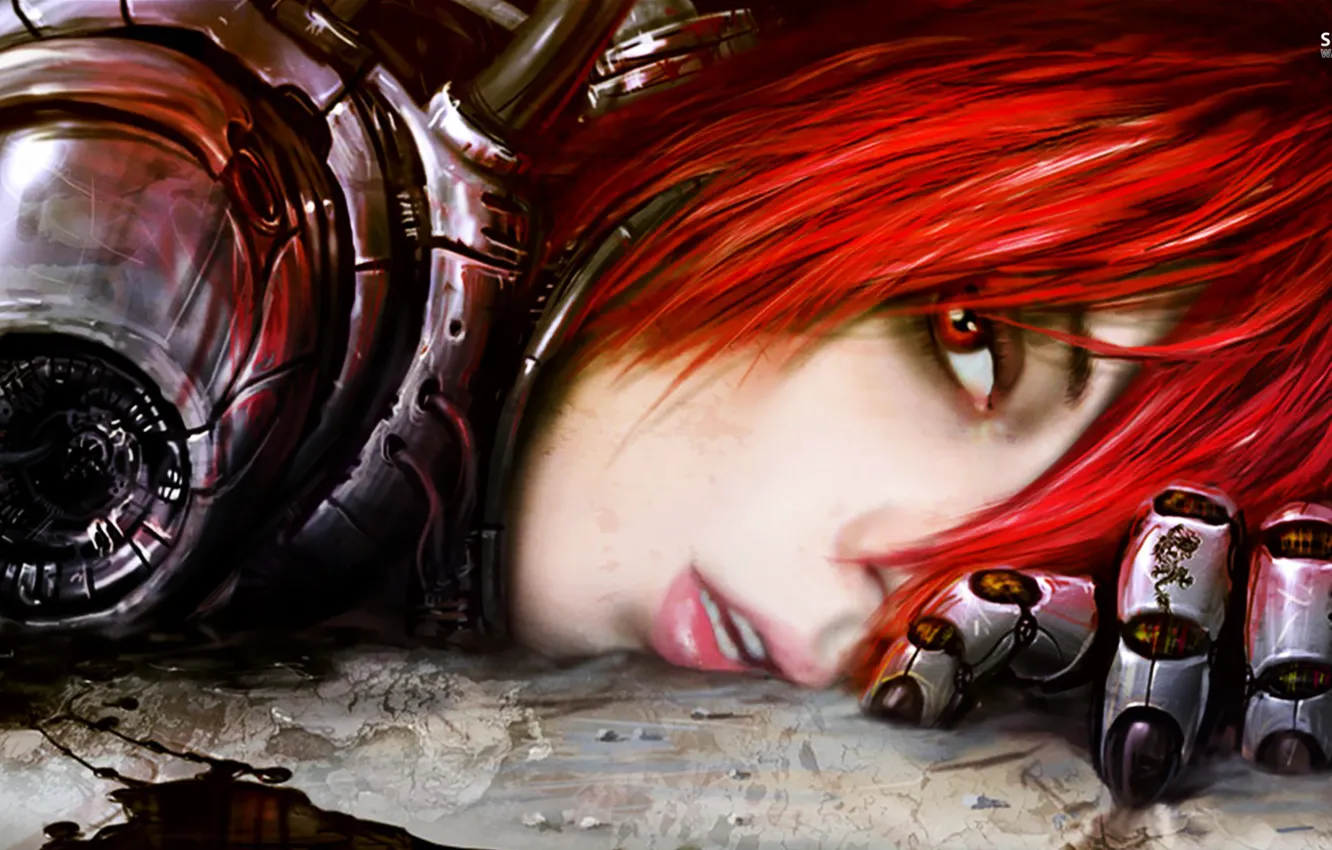 Photo wallpaper robot, red, cyborg, red eyes, the exoskeleton, the severed hand