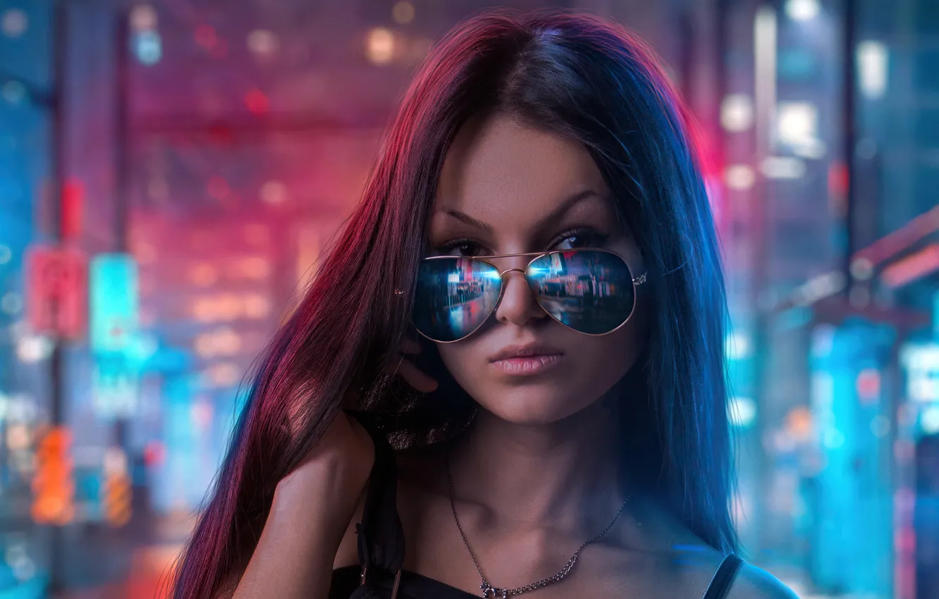 Photo wallpaper girl, model, Neon, sunglasses