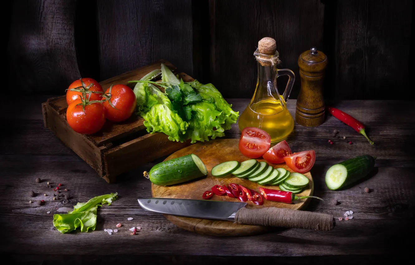 Photo wallpaper the dark background, Board, oil, knife, pepper, still life, tomatoes, items