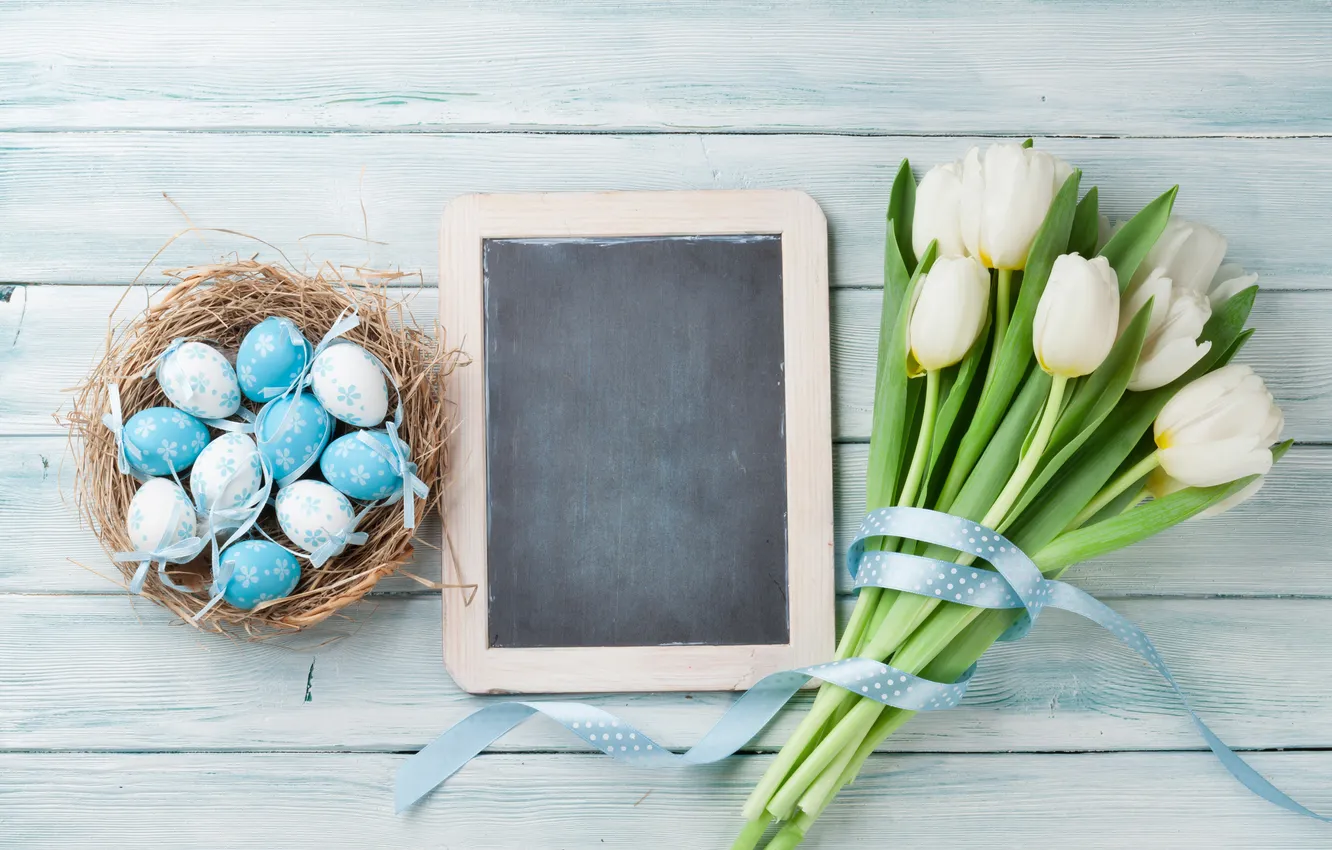 Photo wallpaper flowers, Board, eggs, spring, colorful, Easter, white, wood
