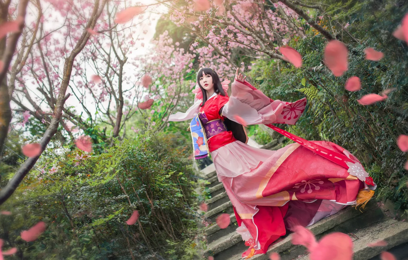 Photo wallpaper greens, look, girl, trees, flowers, branches, red, cherry