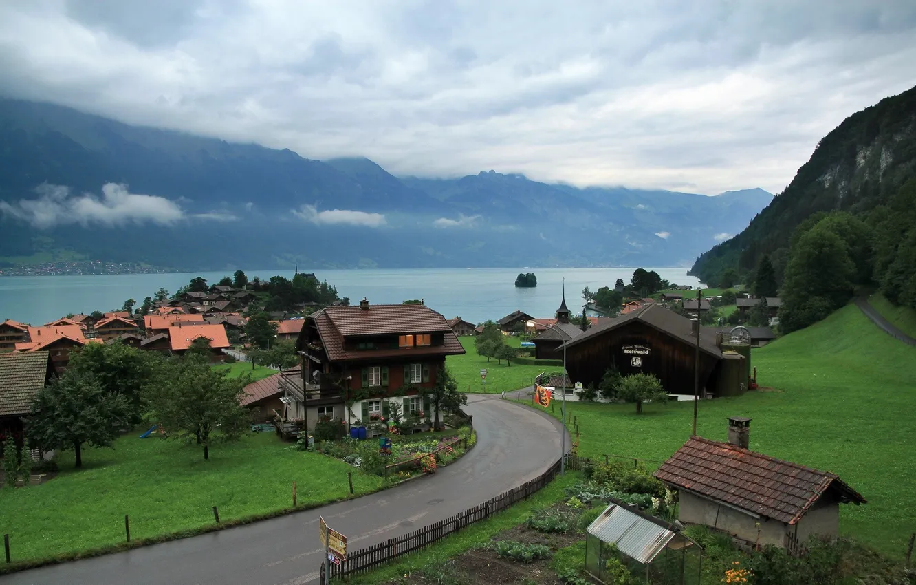 Photo wallpaper nature, lake, home, Switzerland, village, Beauty.