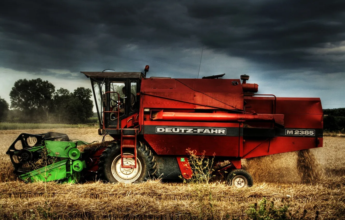 Photo wallpaper field, grass, red, straw, harvester