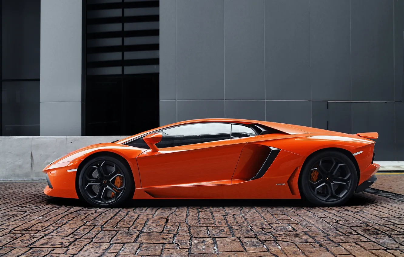 Photo wallpaper orange, building, Lamborghini, pavers, profile, orange, LP700-4, Aventador