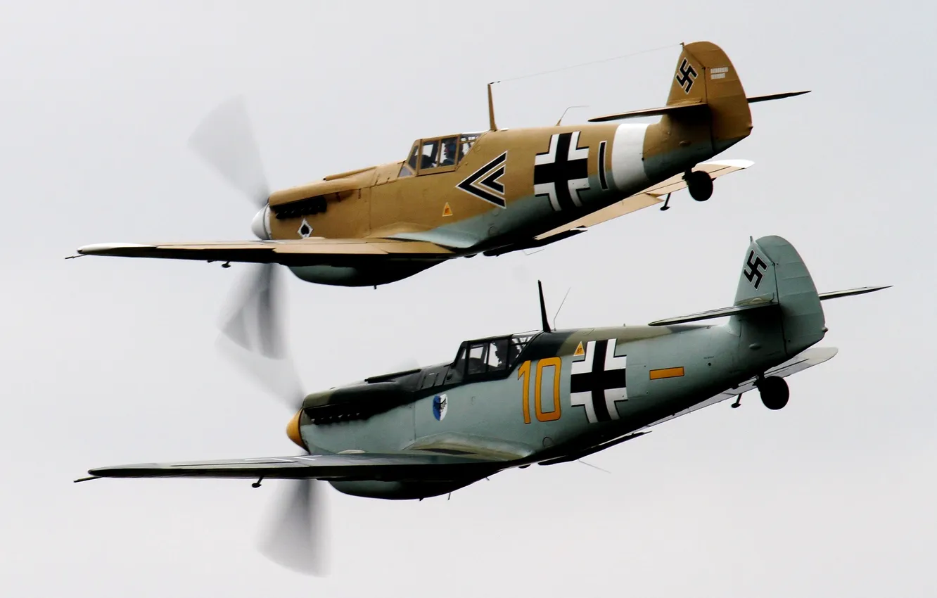 Photo wallpaper the sky, fighter, pair, the plane, German, WW2, Messerschmitt Bf.109