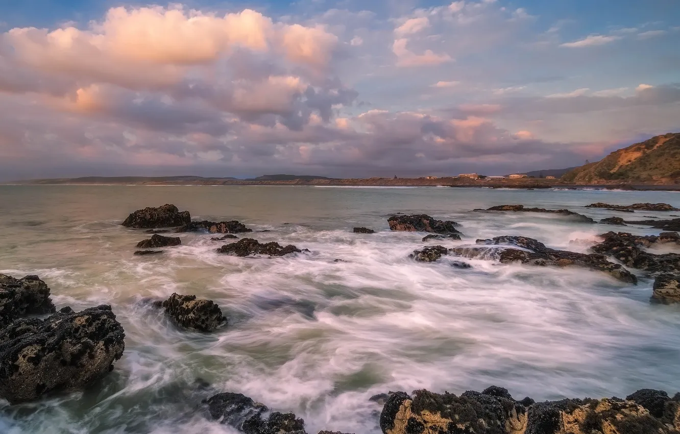 Photo wallpaper clouds, stones, the ocean, coast, New Zealand, New Zealand