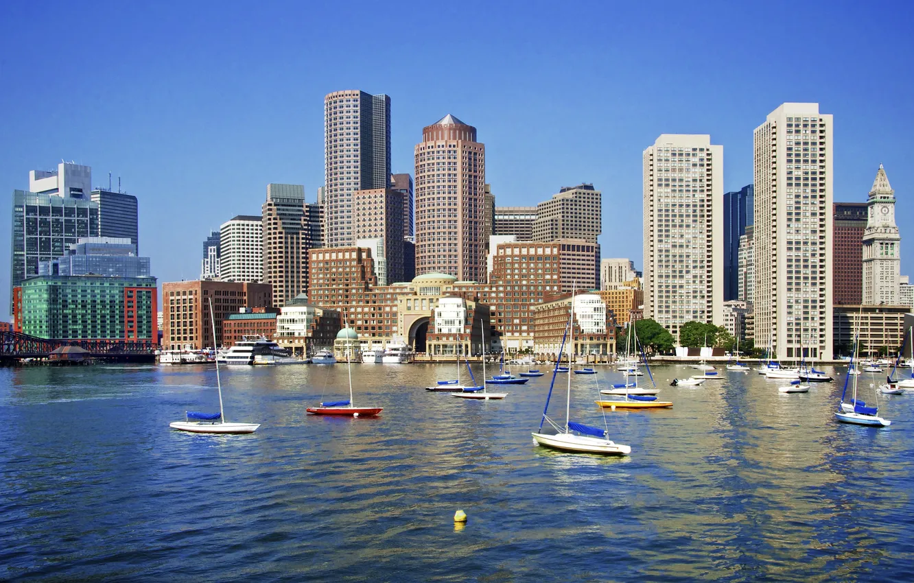Photo wallpaper river, boat, home, skyscrapers, USA, Boston
