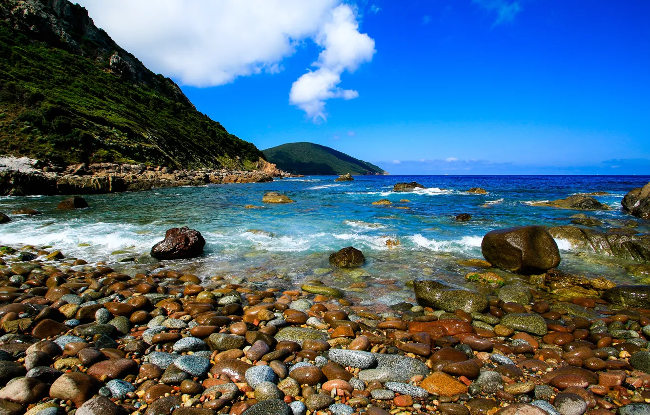 Photo wallpaper sea, the sky, clouds, mountains, stones, shore, France, horizon