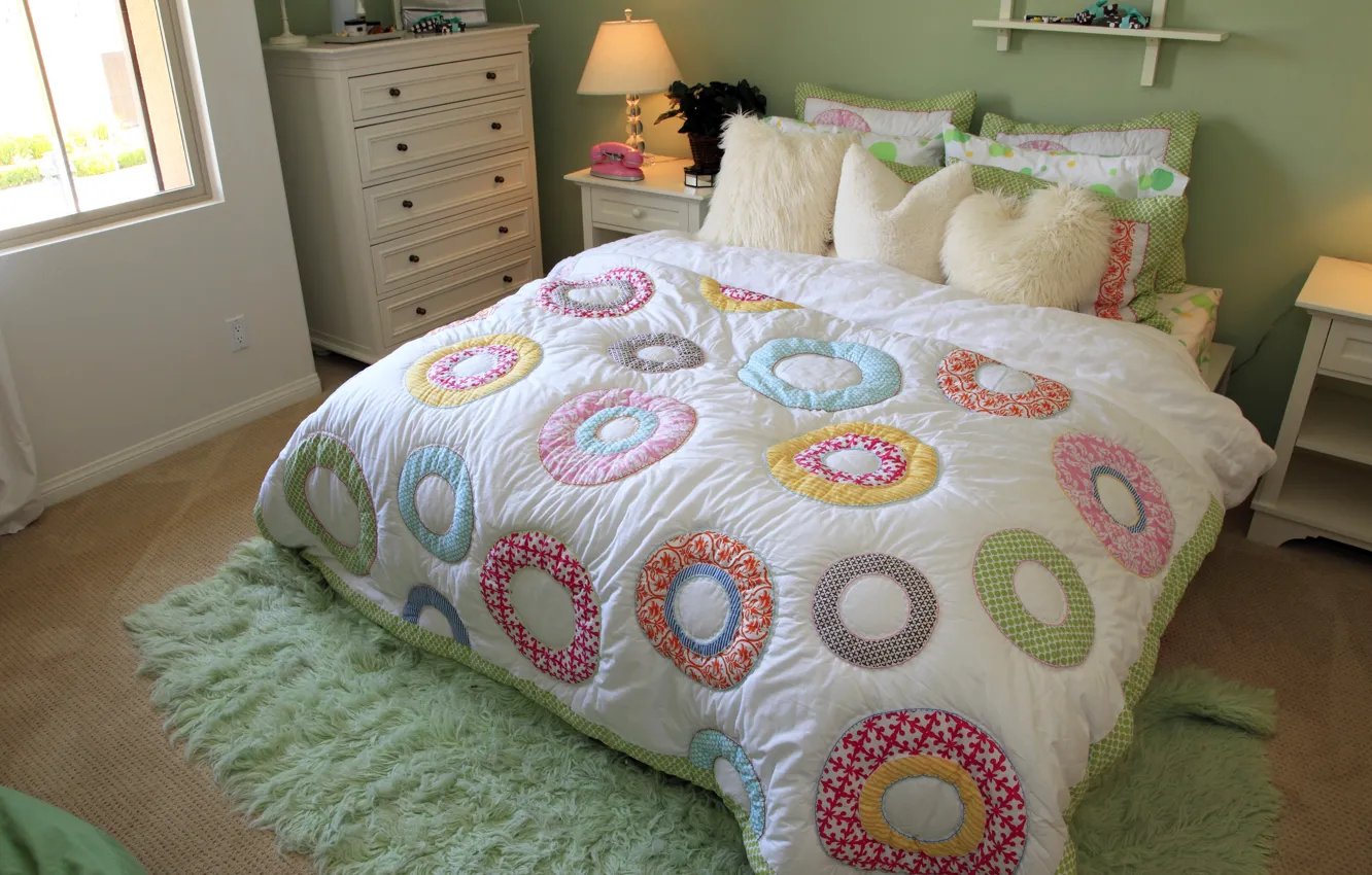 Photo wallpaper comfort, room, carpet, pillow, bed, lamp, chest