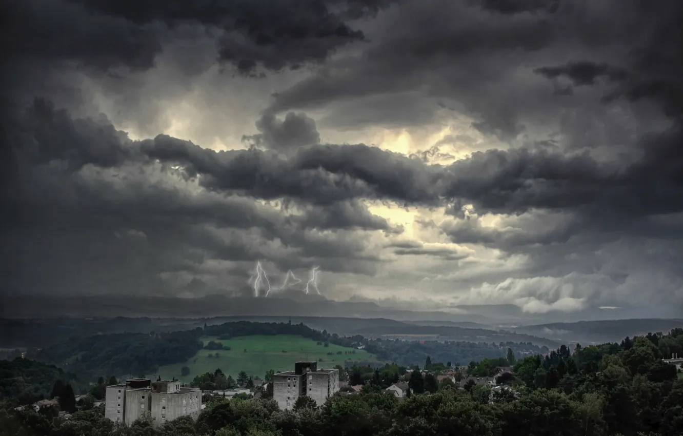 Photo wallpaper storm, lightning, village