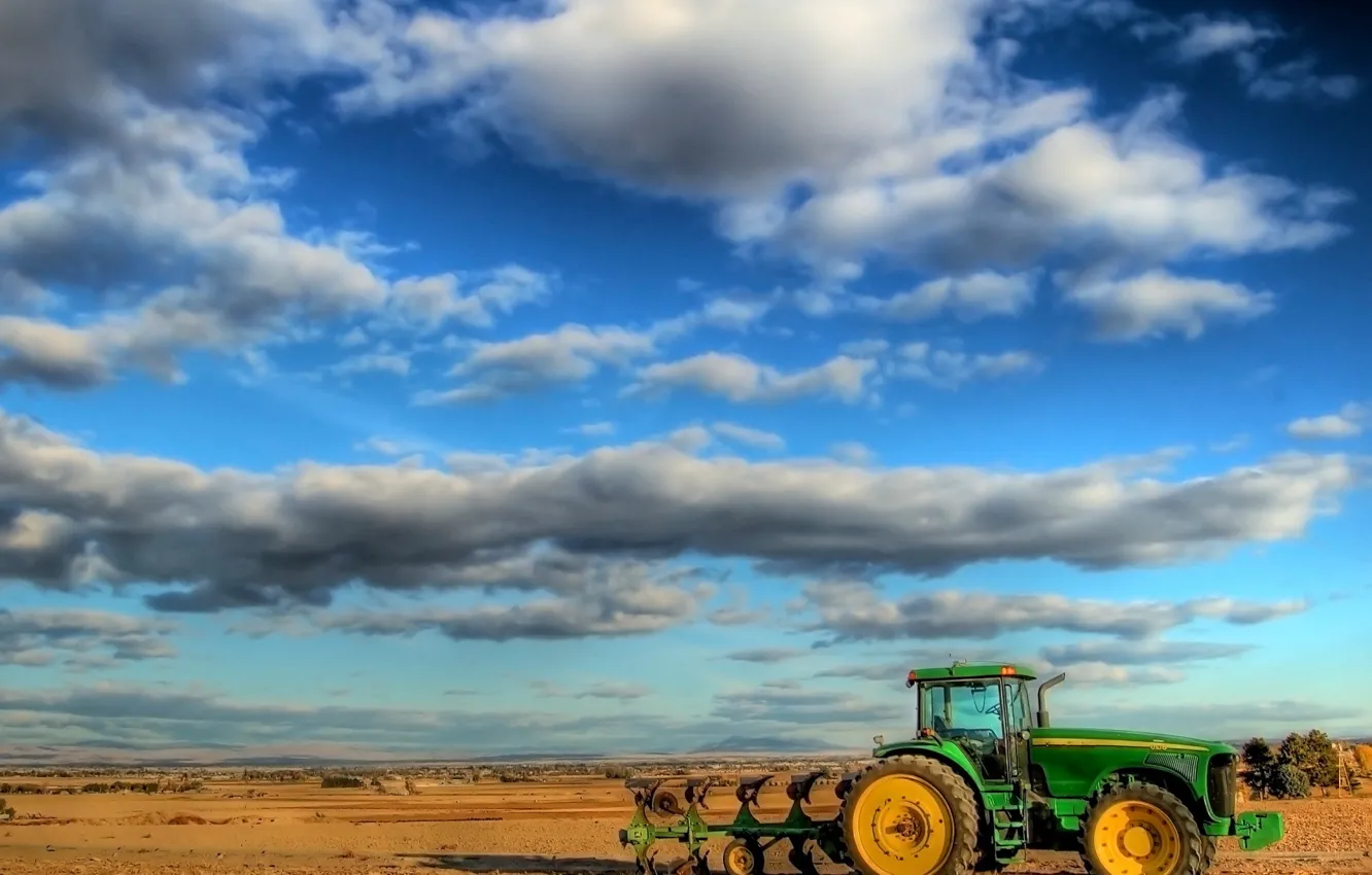 Photo wallpaper field, Clouds, tractor