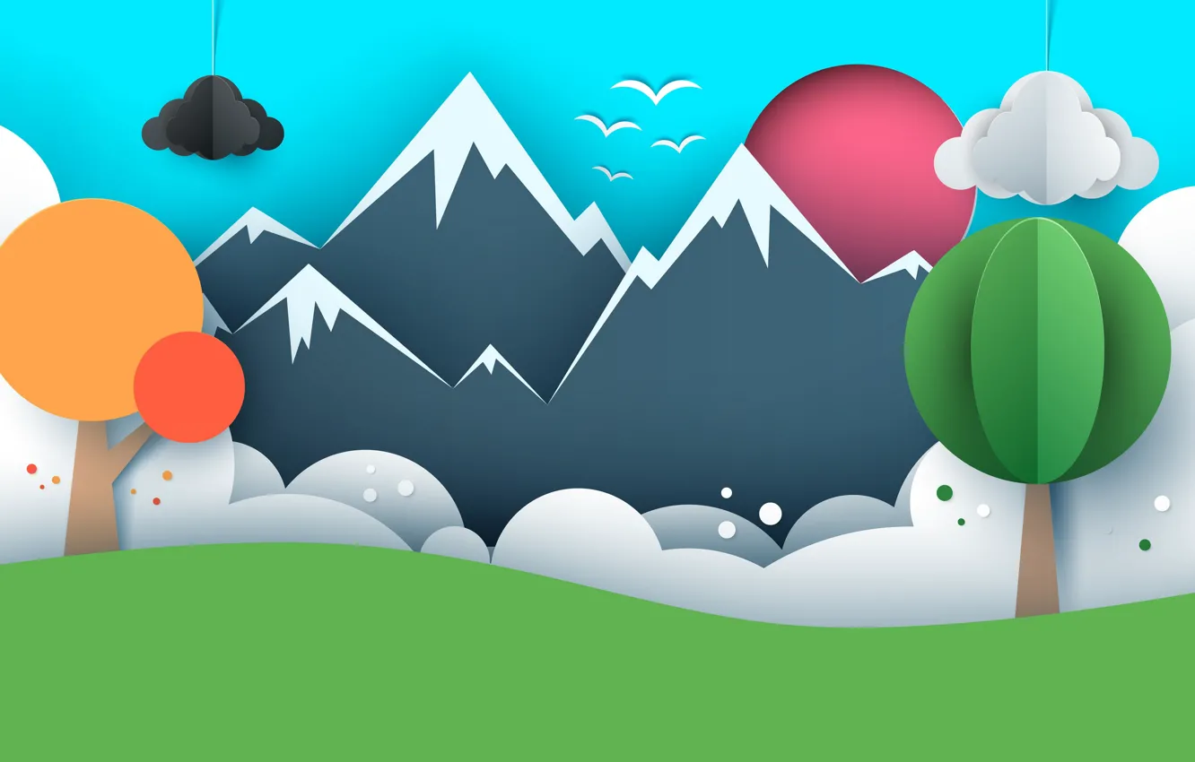 Photo wallpaper Mountains, Trees, Birds, Rendering