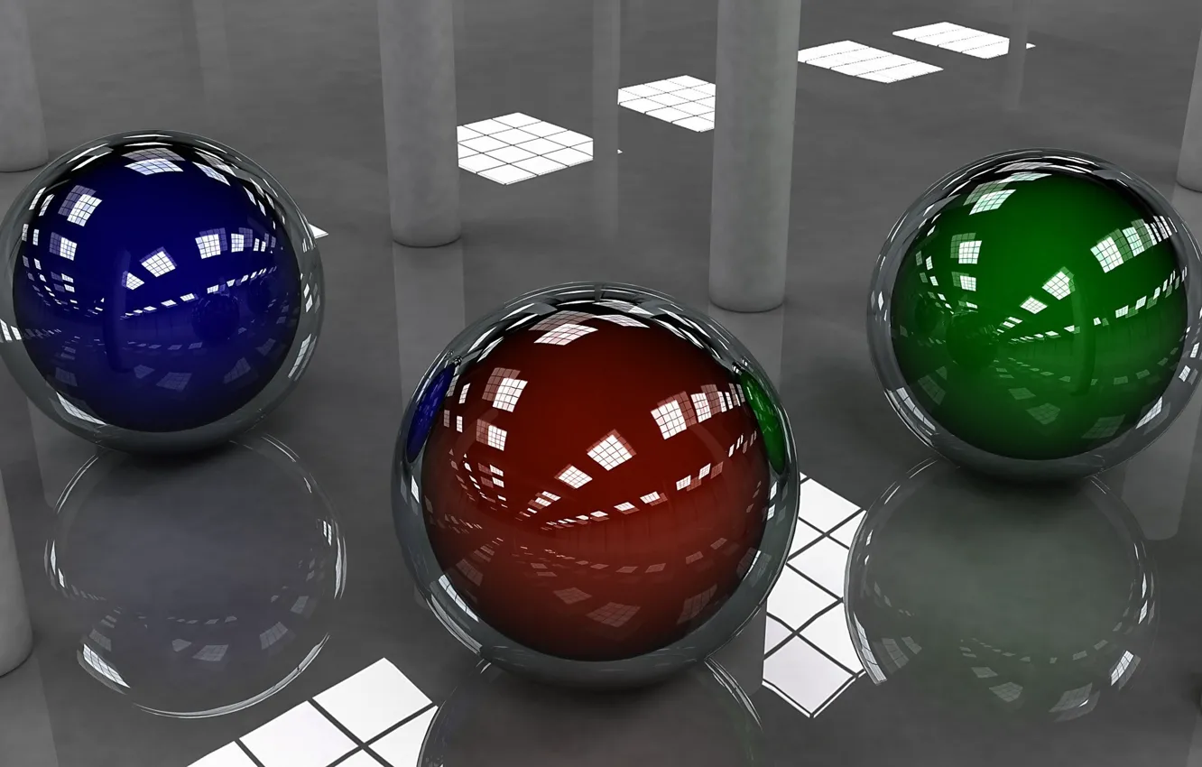 Photo wallpaper blue, red, green, reflection, background, balls, sphere