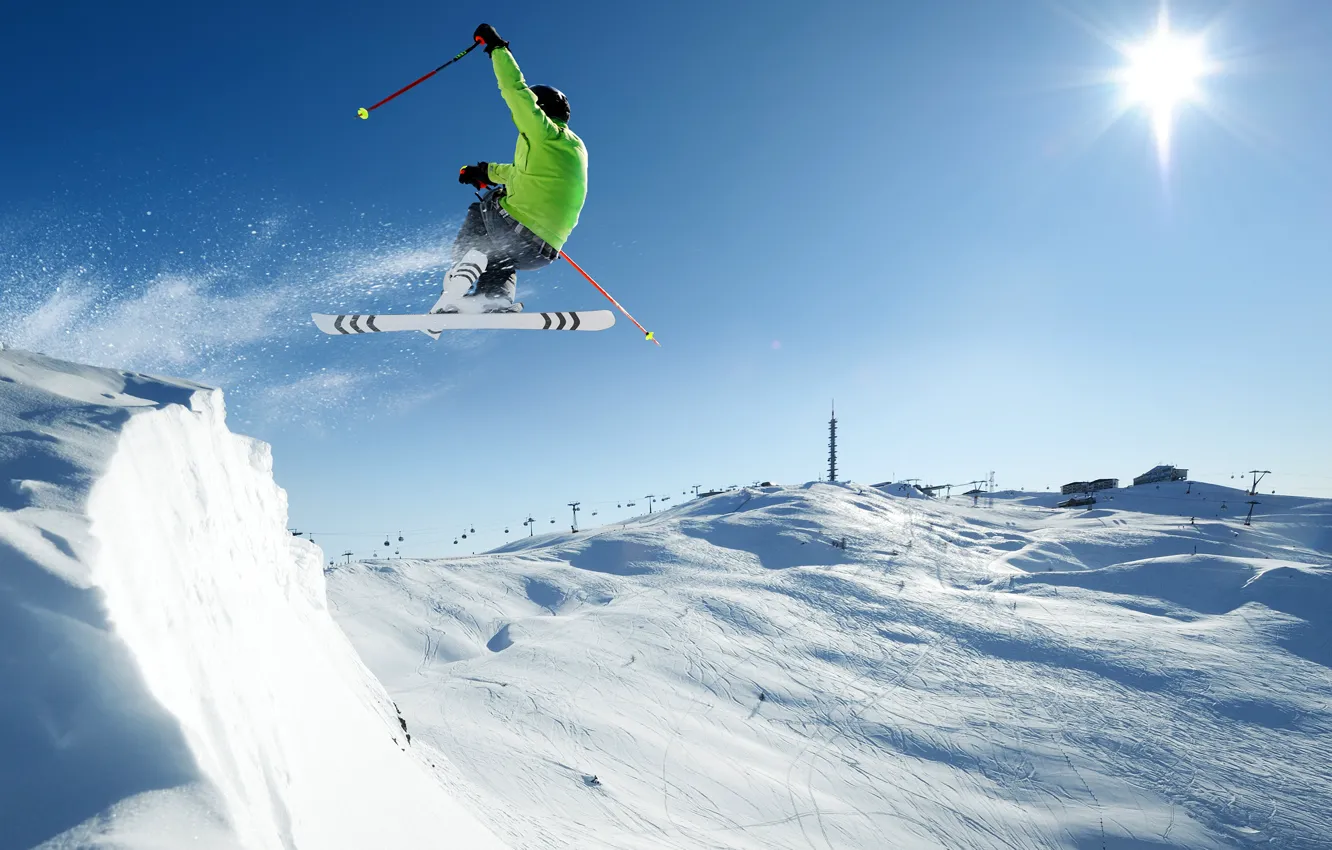 Photo wallpaper winter, the sky, the sun, snow, mountains, jump, sport, ski