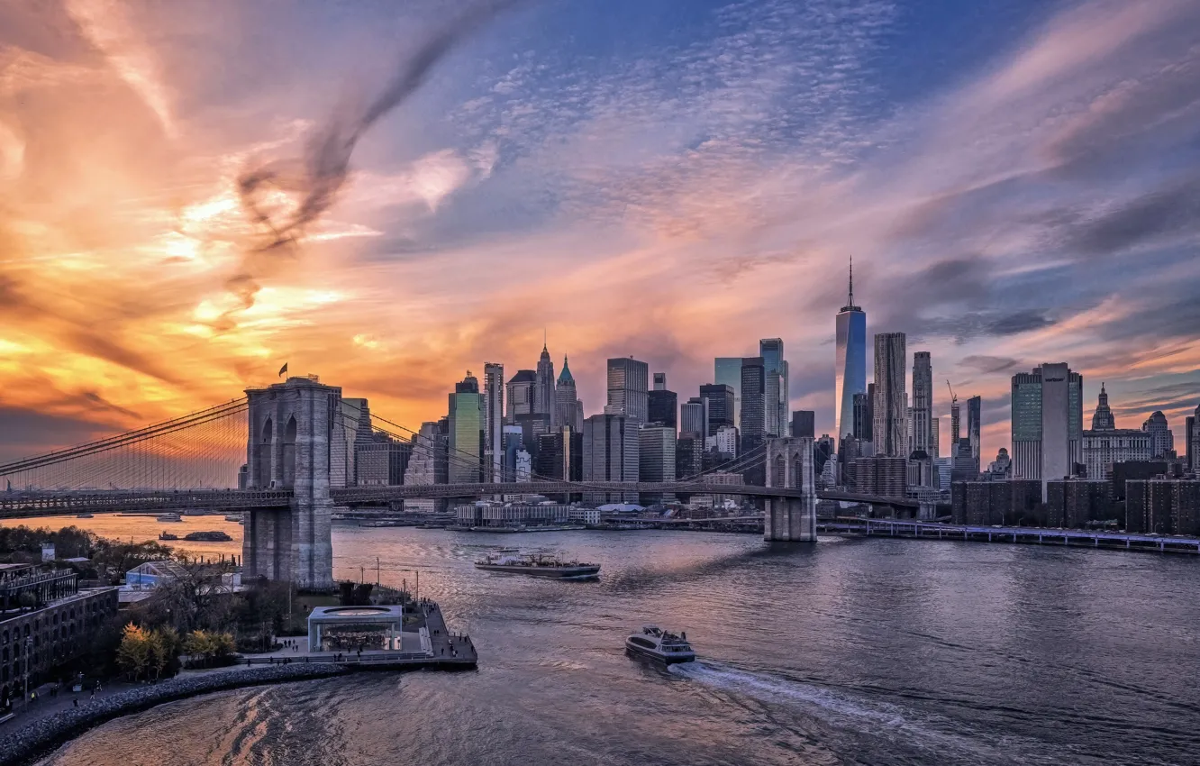 Photo wallpaper sunset, Brooklyn Bridge, Lower Manhattan