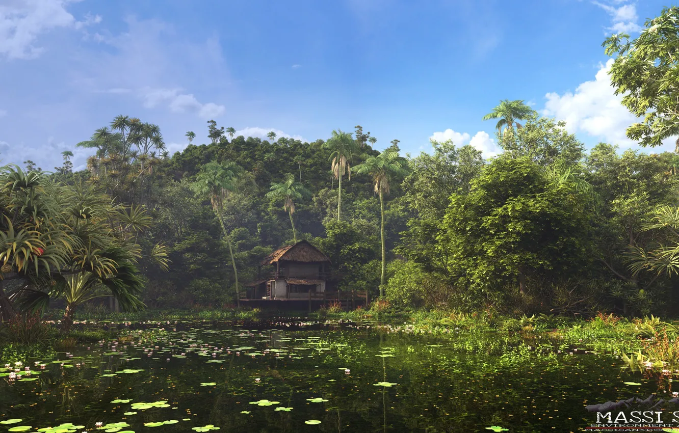Photo wallpaper lake, shore, vegetation, structure, the cabin