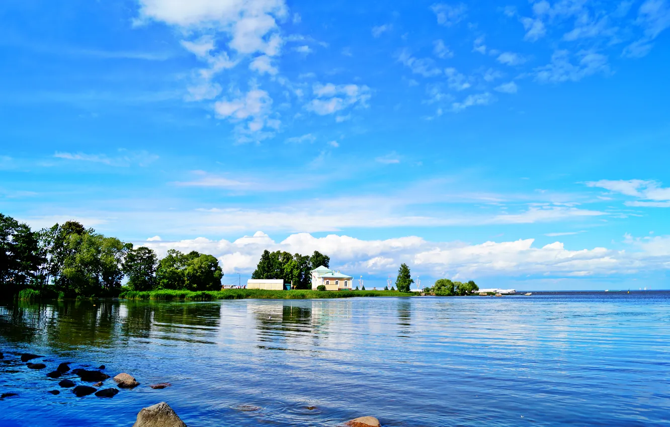 Photo wallpaper white, the sky, water, clouds, trees, green, blue, Peterhof