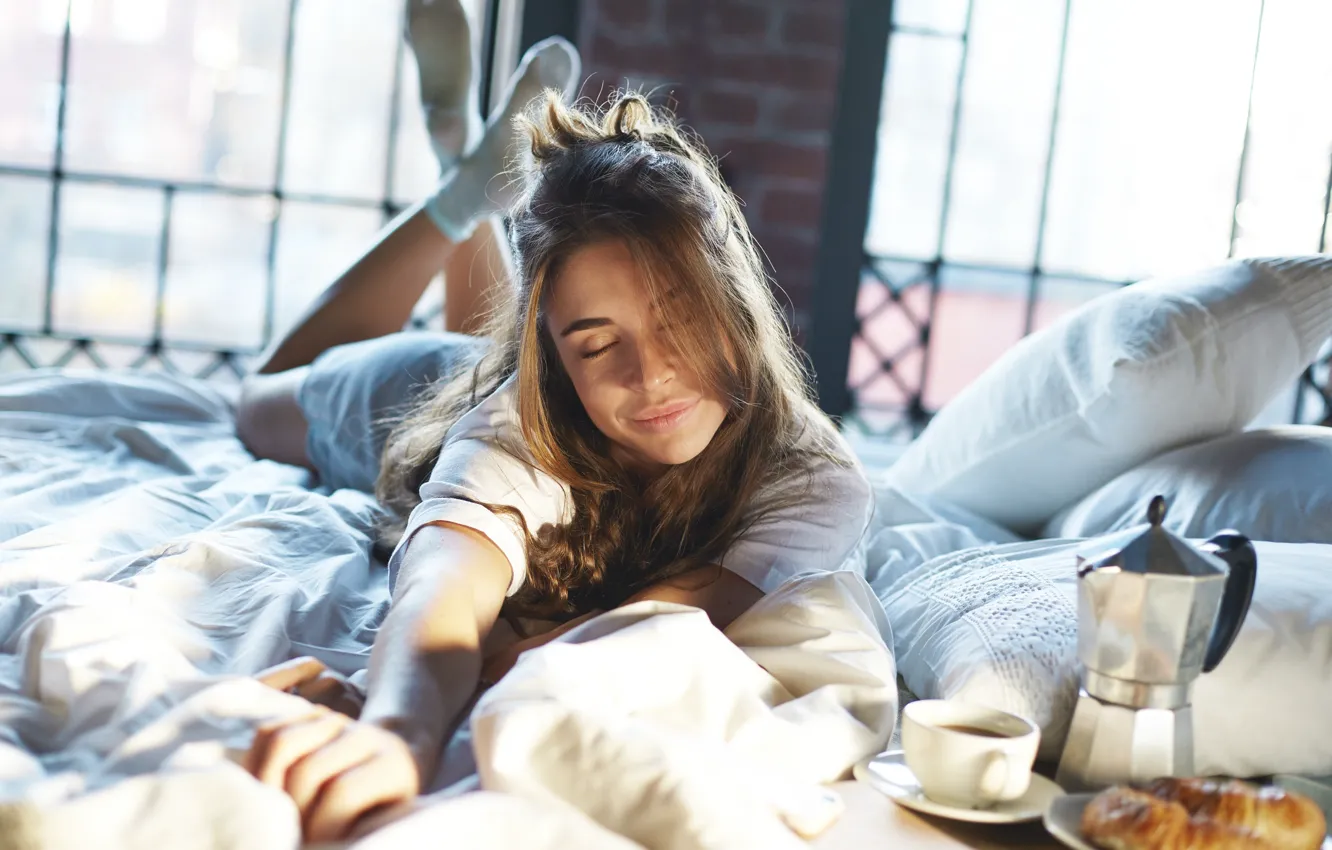 Photo wallpaper girl, mood, serenity, bed, coffee, growing, breakfast, feeling