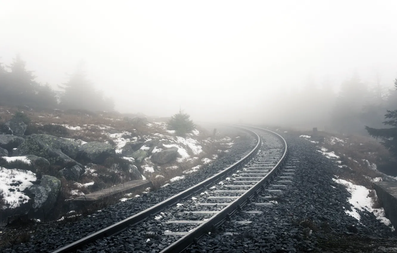 Photo wallpaper nature, fog, railroad