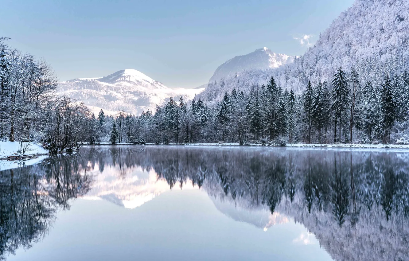 Photo wallpaper winter, water, snow, trees, mountains, river
