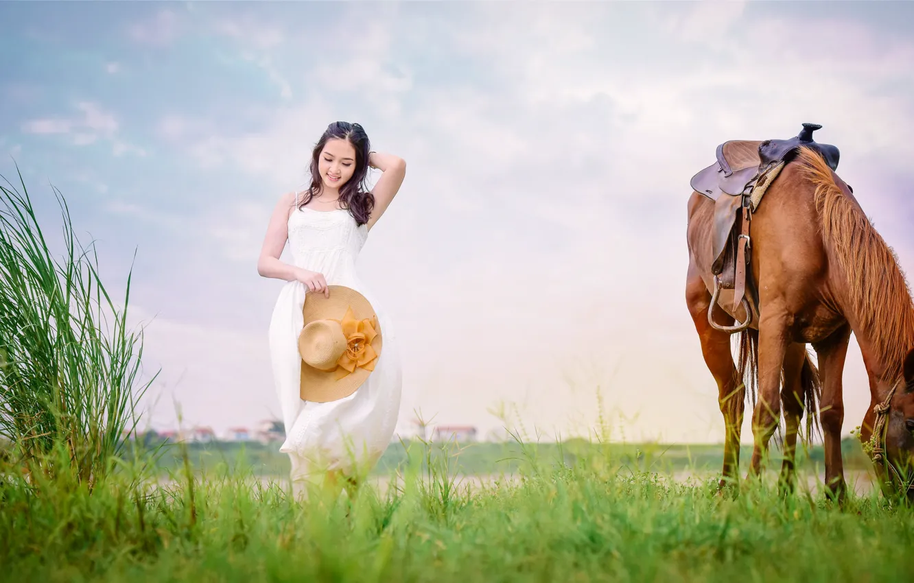 Photo wallpaper field, grass, face, horse, horse, dress, walk, Asian