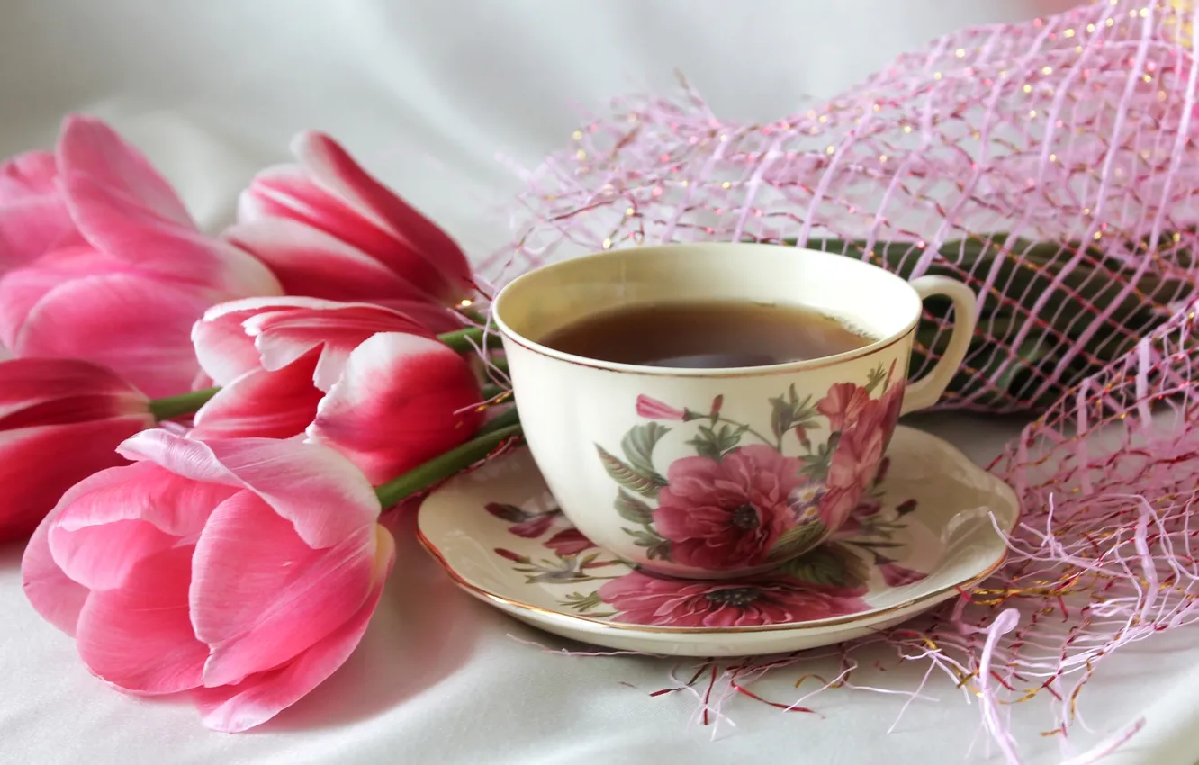 Photo wallpaper pink, tea, Cup, tulips