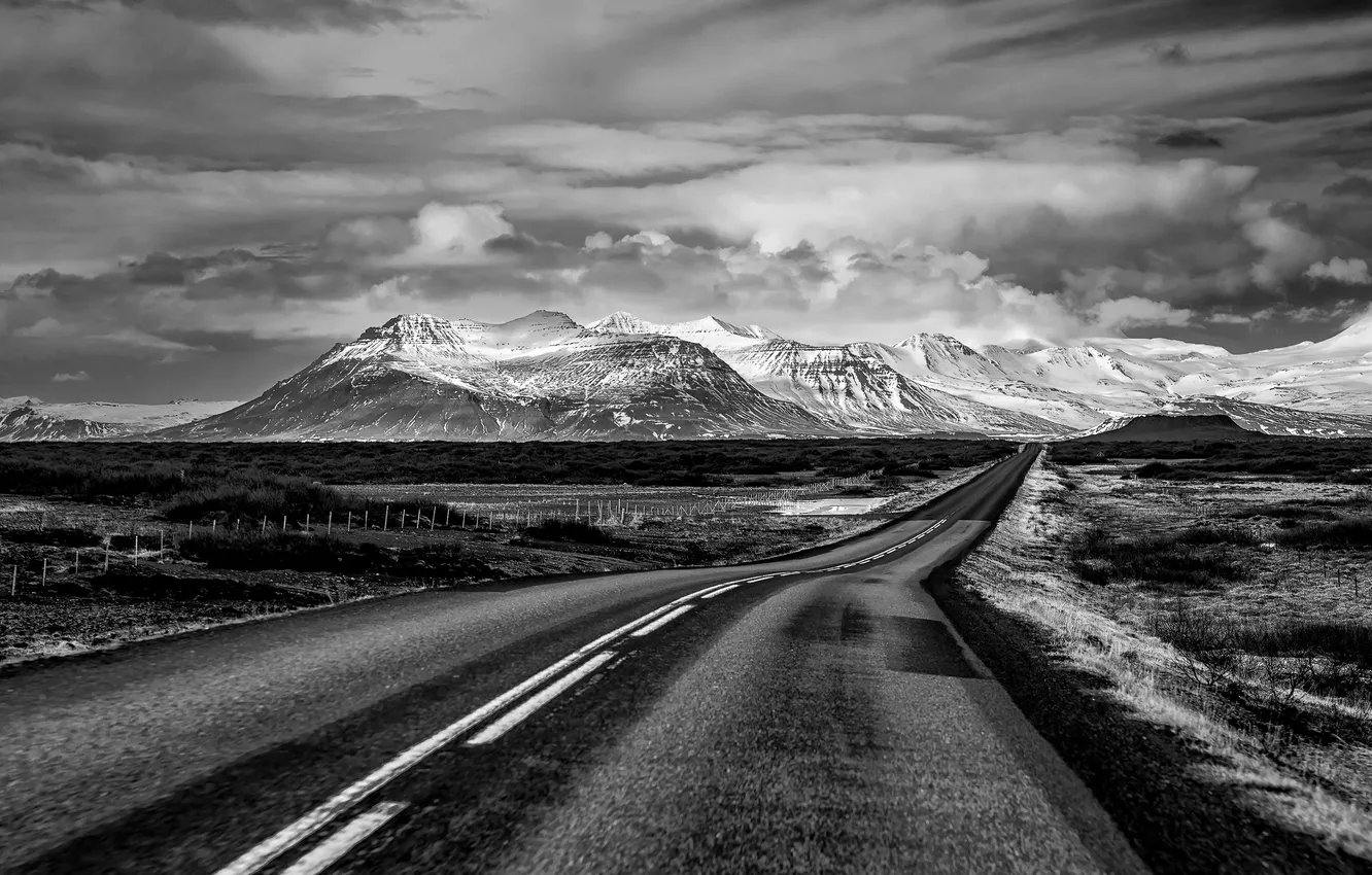 Photo wallpaper road, the sky, clouds, mountains
