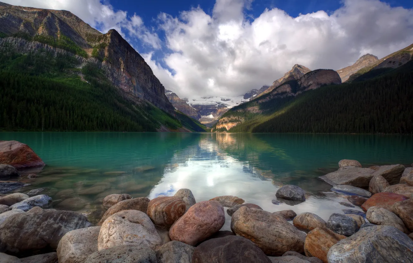 Photo wallpaper mountains, lake, stones