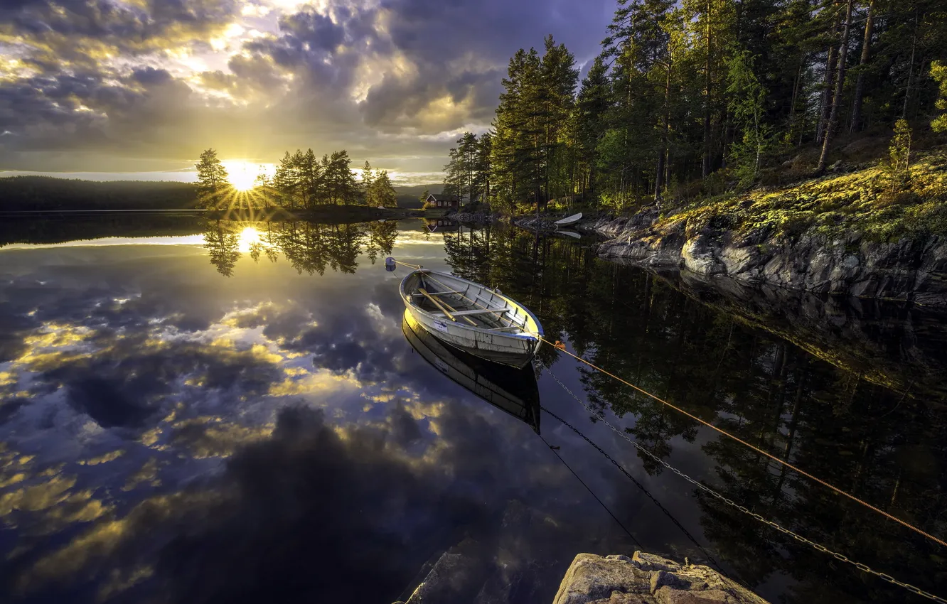 Photo wallpaper lake, boat, morning