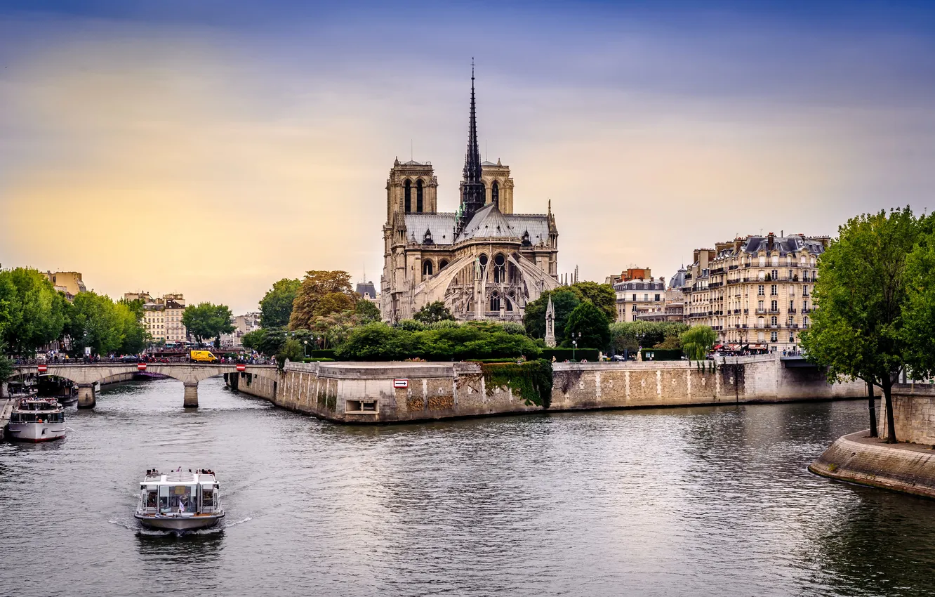 Photo wallpaper river, France, Paris, hay, boat, Notre Dame Cathedral