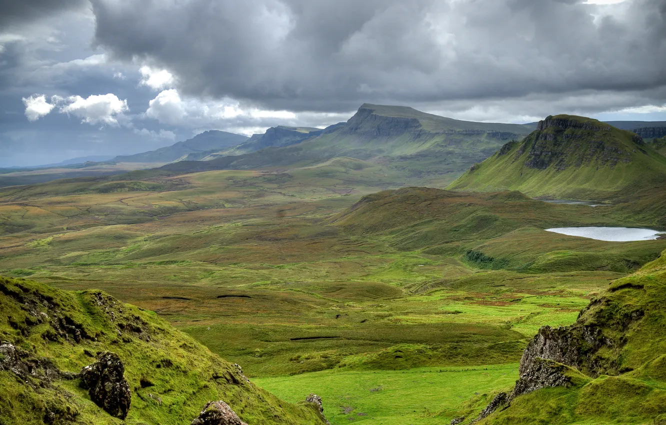 Photo wallpaper green, grass, mountains, view, clouds, rocks, Scotland