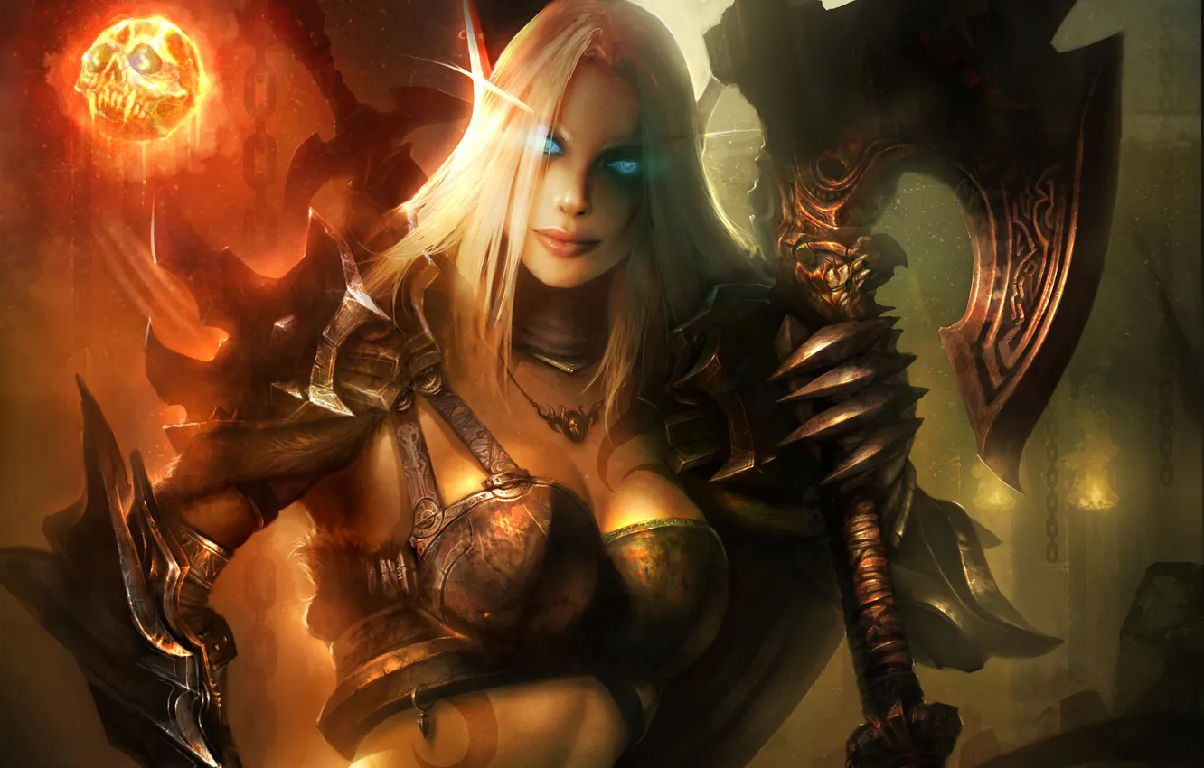 Photo wallpaper girl, weapons, magic, skull, armor, chain, World of Warcraft, elf