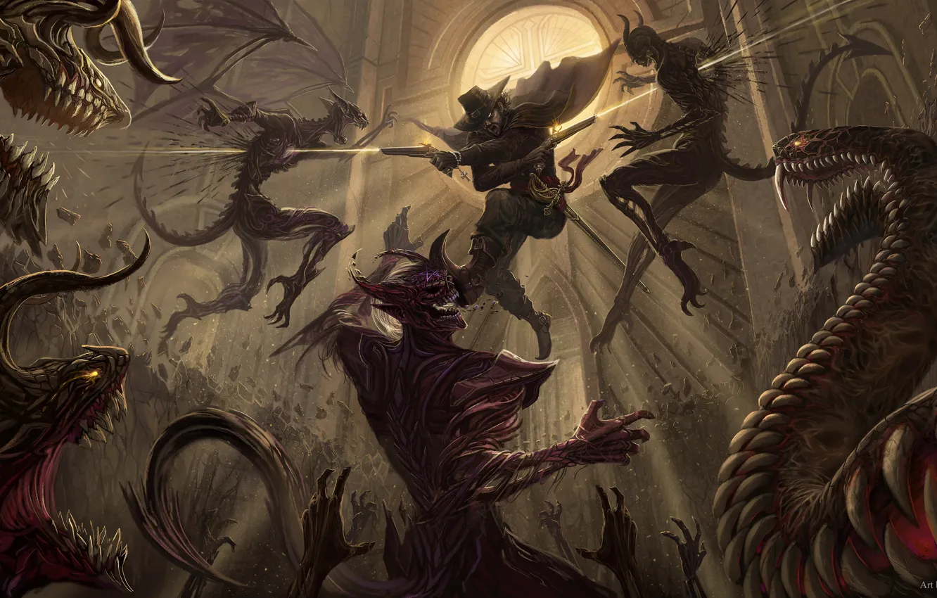 Photo wallpaper weapons, fiction, darkness, shot, battle, the demon, art, vampire