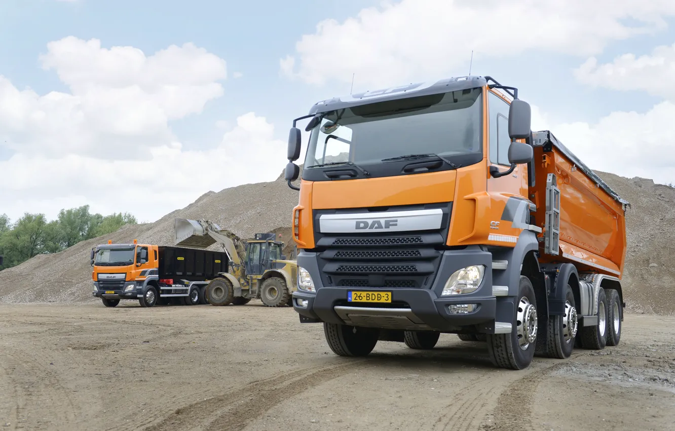 Photo wallpaper orange, DAF, DAF, dump truck, loading, machinery, 8x4, Euro6