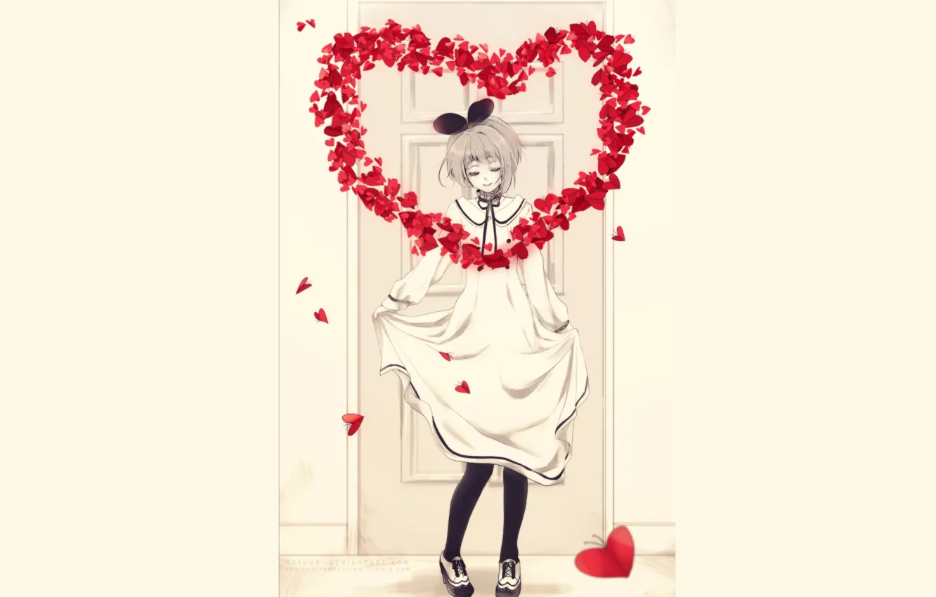 Photo wallpaper heart, the door, girl, hearts, bow