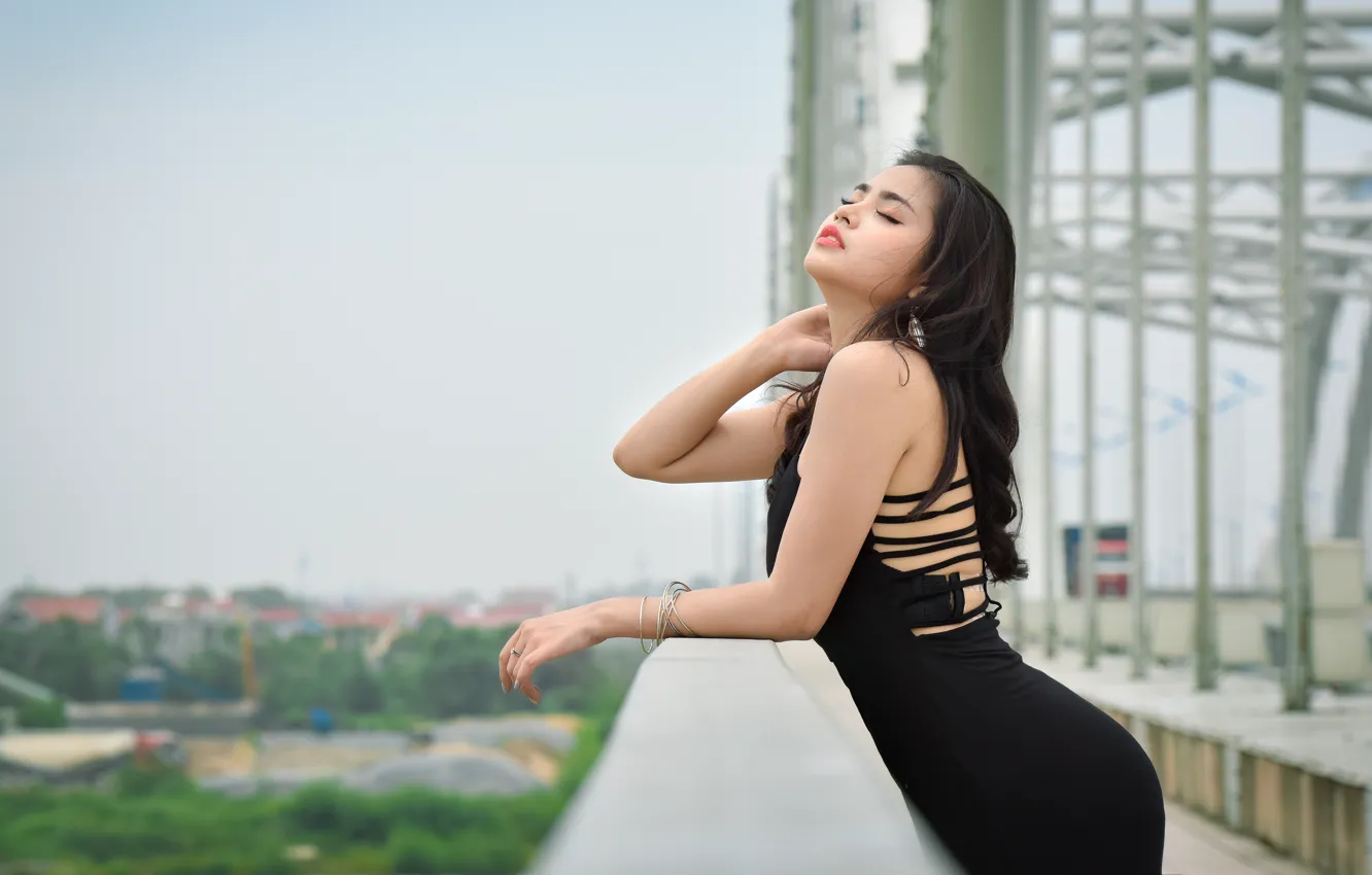 Photo wallpaper girl, bridge, face, the wind, hair, figure, dress, Asian
