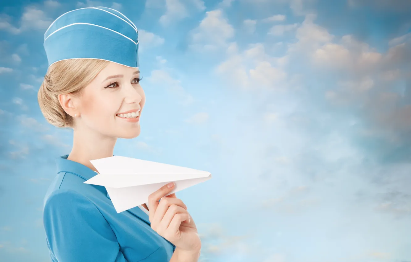 Photo wallpaper girl, smile, blonde, form, stewardess, paper airplane