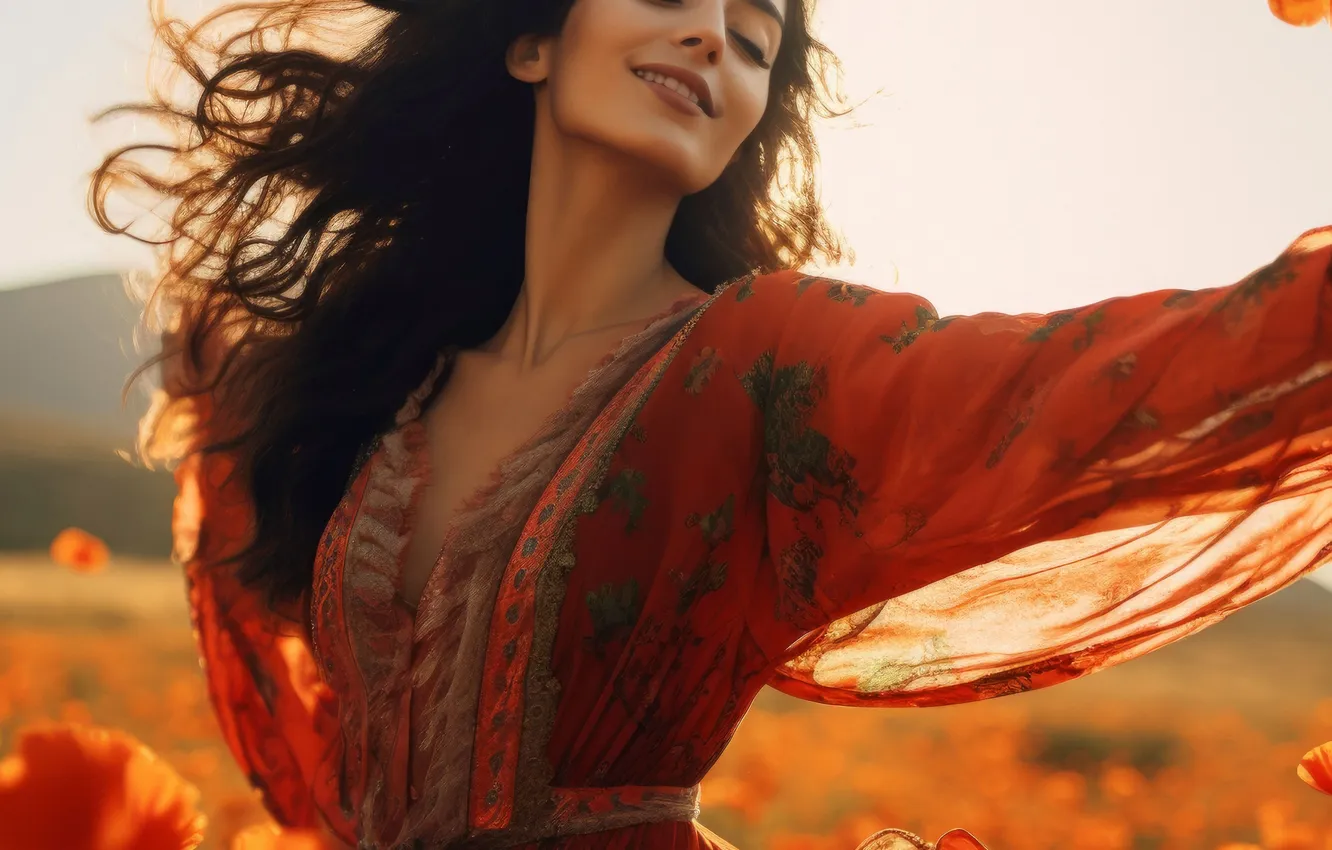 Photo wallpaper girl, flowers, smile, hair, Maki, digital art, AI art, The Art of Artificial Intelligence