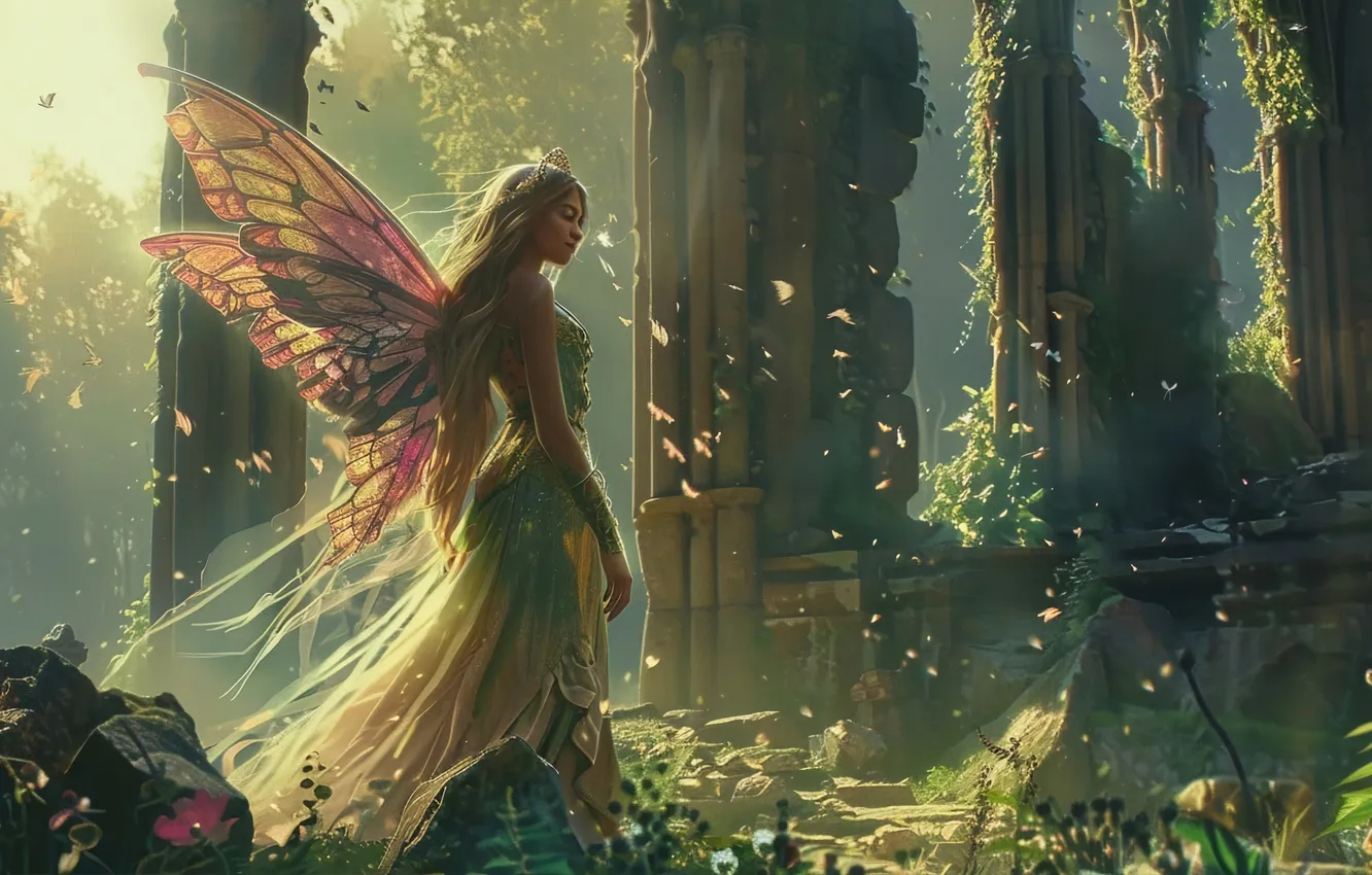 Photo wallpaper girl, trees, building, wings, fairy, digital art, AI art, The Art of Artificial Intelligence