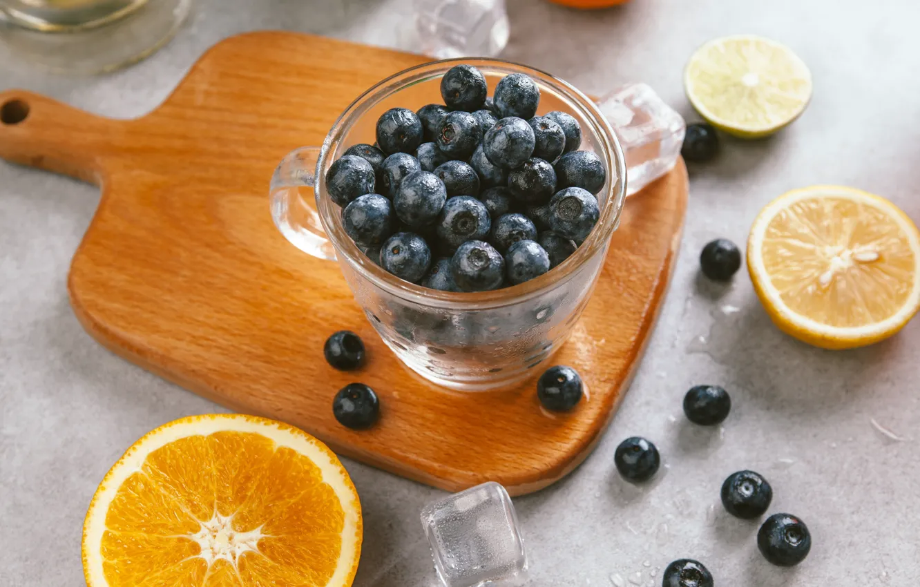 Photo wallpaper berries, orange, ice, blueberries, Cup, lime, ice, fruit