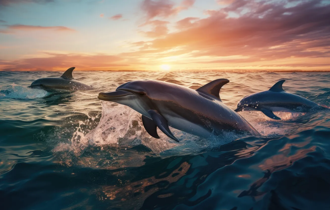 Photo wallpaper sea, wave, water, Dolphin, the ocean, jump, dolphins, swimming