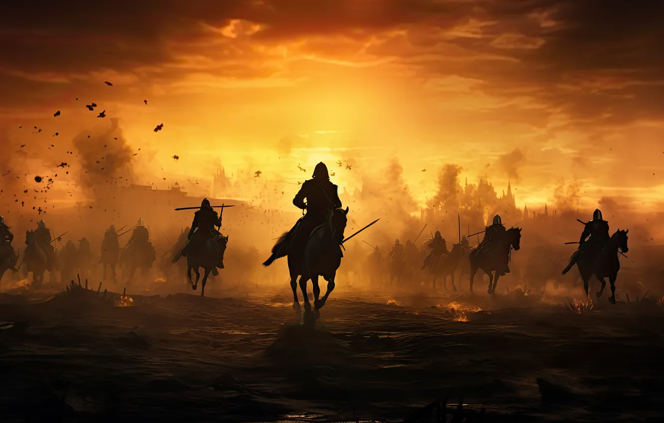 Photo wallpaper lights, weapons, fire, horse, war, attack, horse, smoke