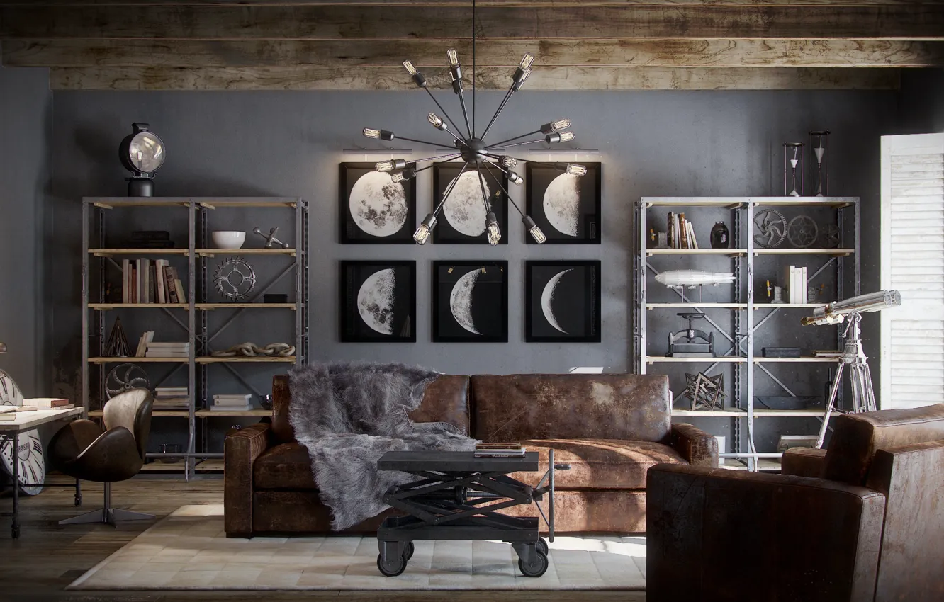 Photo wallpaper design, style, room, interior, chair, sofa, living room, by Restoration Hardware