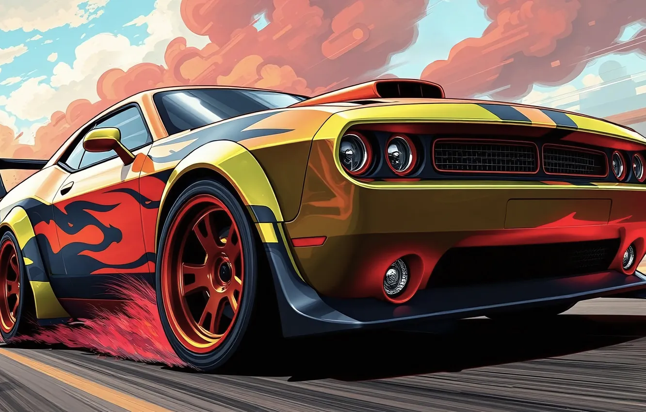 Photo wallpaper car, Dodge Challenger, road, Machine