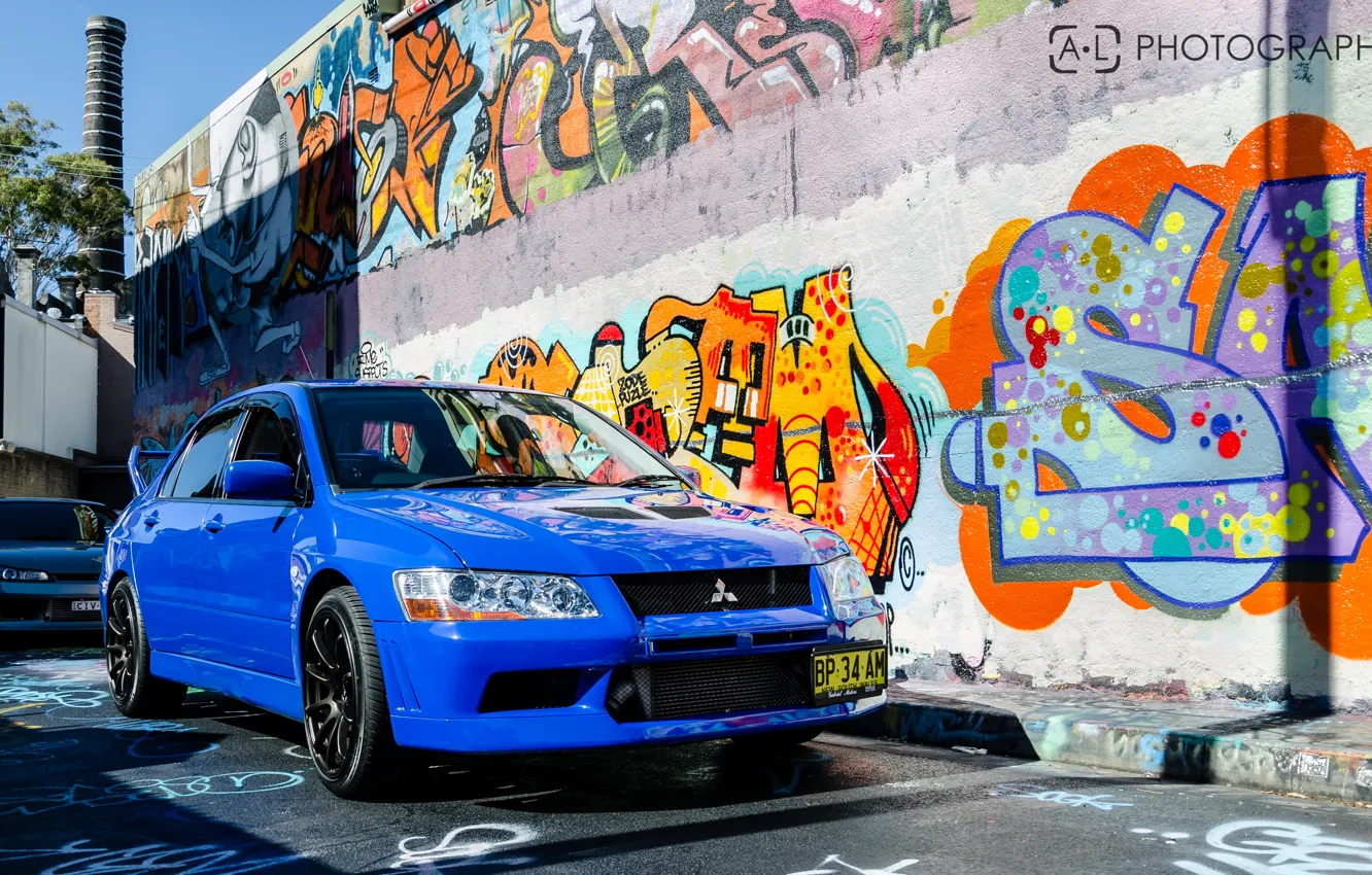 Photo wallpaper blue, mitsubishi, Graffiti, lancer, evolution, evo, Lancer, Evo