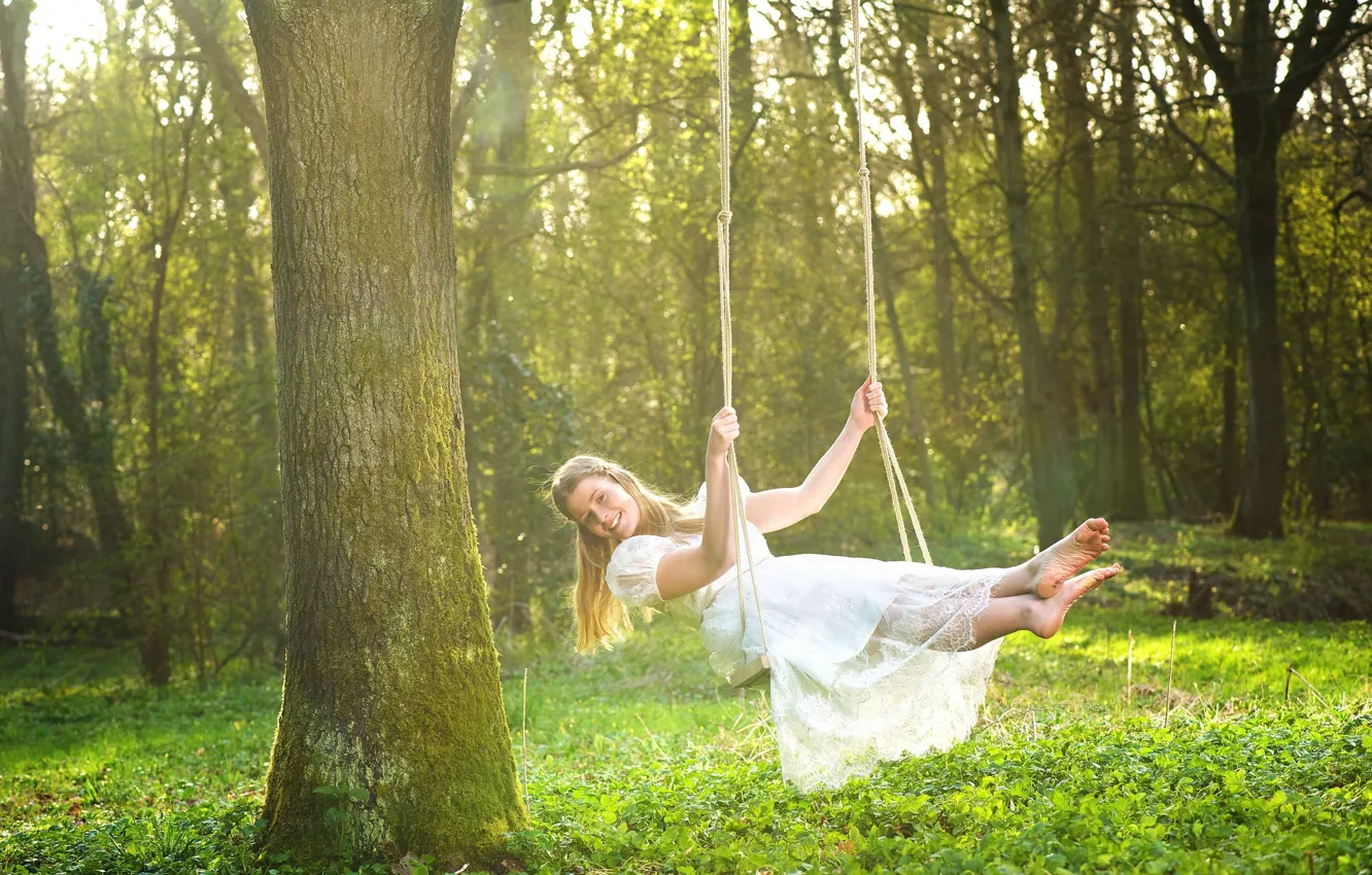 Photo wallpaper greens, grass, girl, trees, nature, smile, background, swing