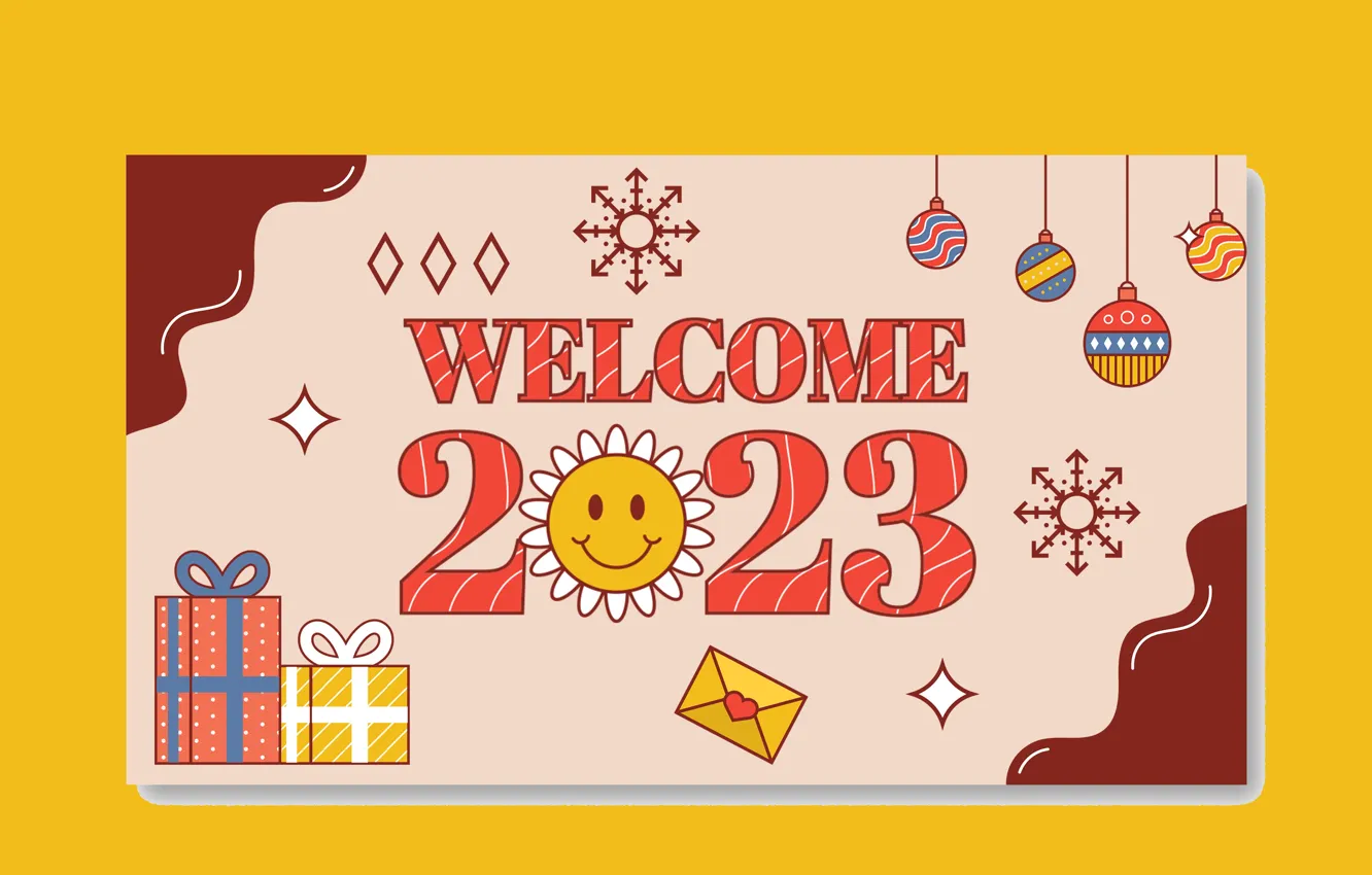 Photo wallpaper wave, the sun, balls, snowflakes, smile, box, gift, the inscription