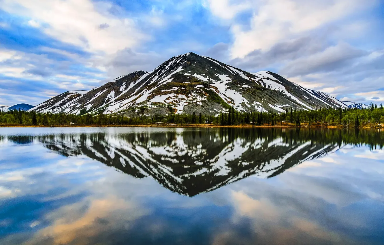 Photo wallpaper forest, the sky, clouds, trees, landscape, mountains, nature, lake