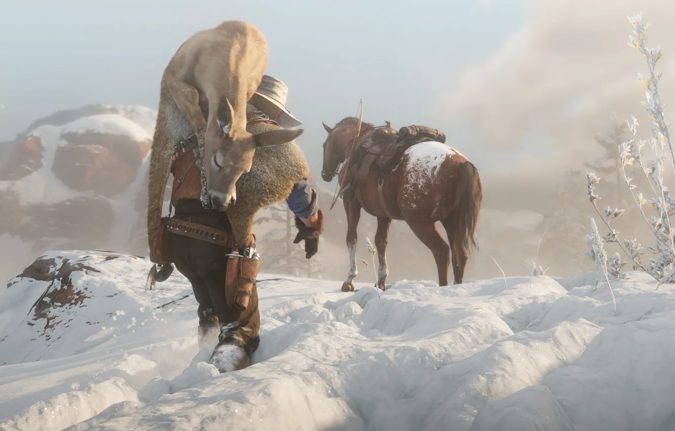 Photo wallpaper snow, traces, horse, hat, the bandits, Rockstar, Red Dead Redemption 2
